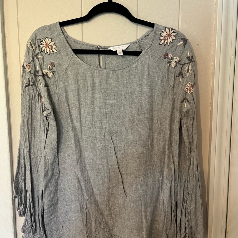 LC Lauren Conrad Gray Embellished Pleated Blouse